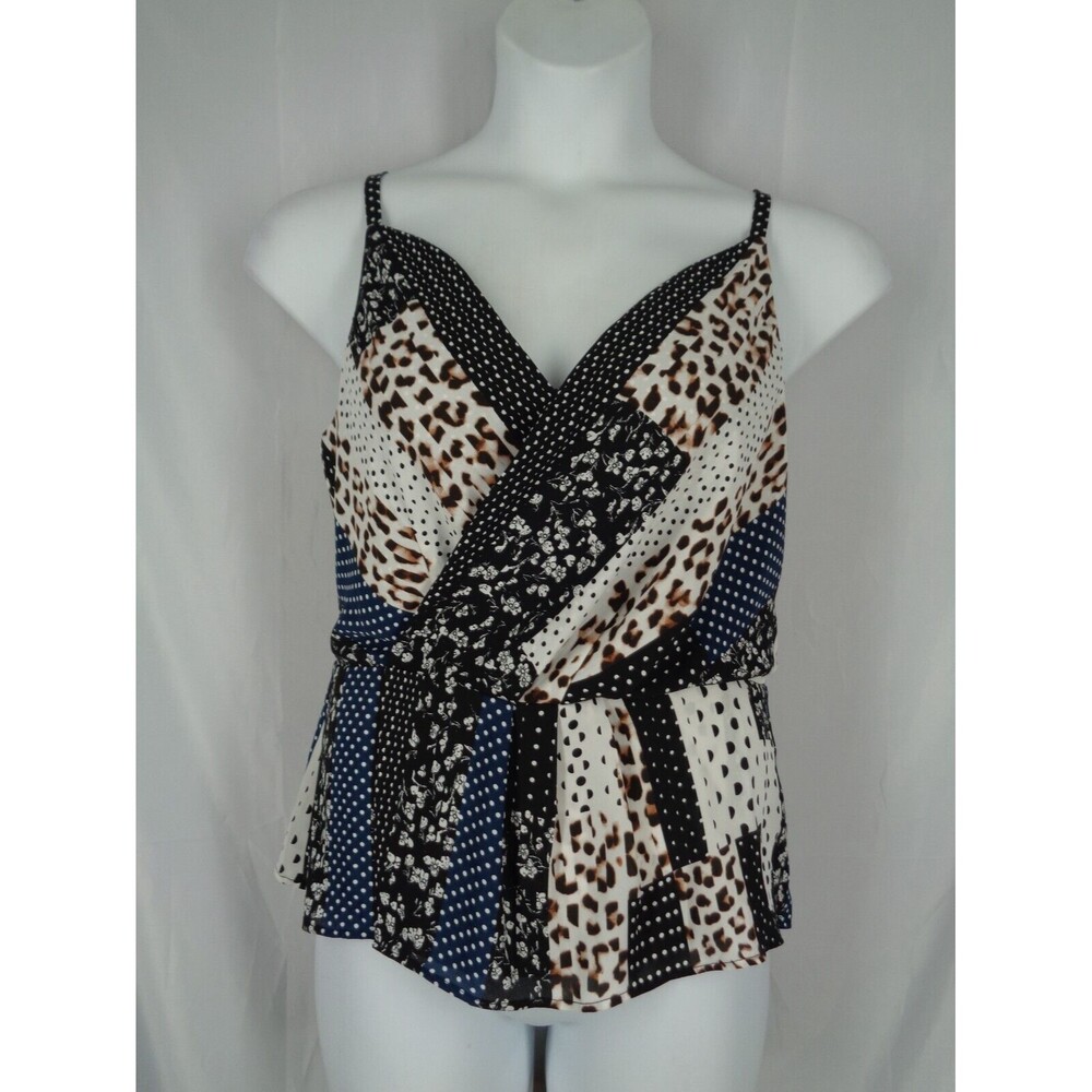 CAbi Animal Polka Dot Patchwork Crossover Peplum Cami Tank Blouse Size 10 New